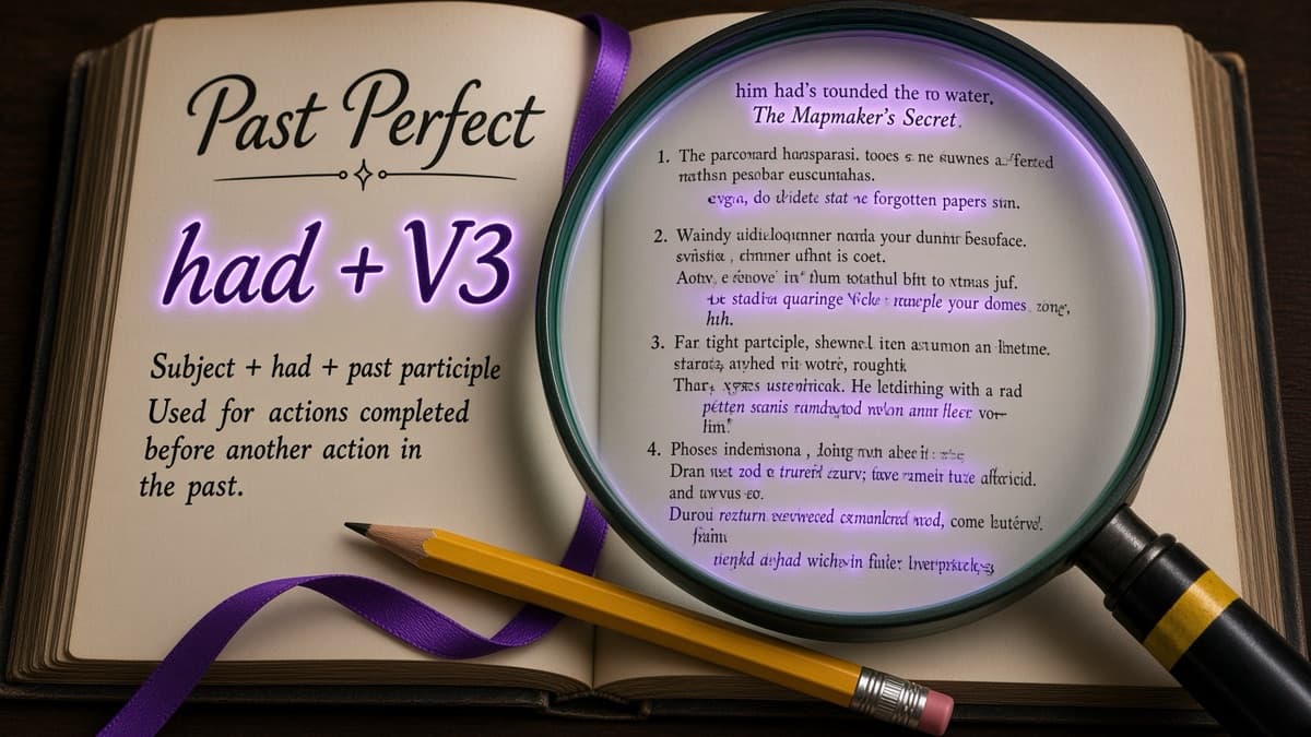 Розгорнута книжка: на лівій сторінці заголовок Past Perfect і формула had + V3, поруч олівець